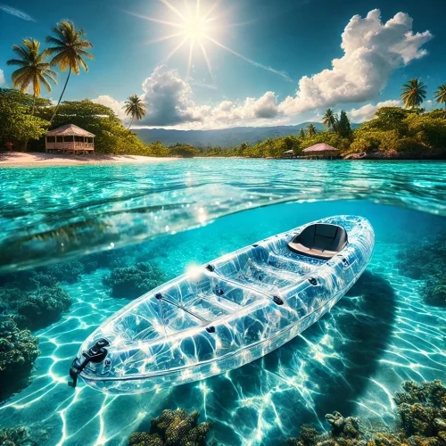 DALL·E 2024-09-13 09.48.11 - A stunning, clear kayak floating on the crystal-clear waters of Jamaica. The kayak is completely transparent, revealing the vibrant marine life and co